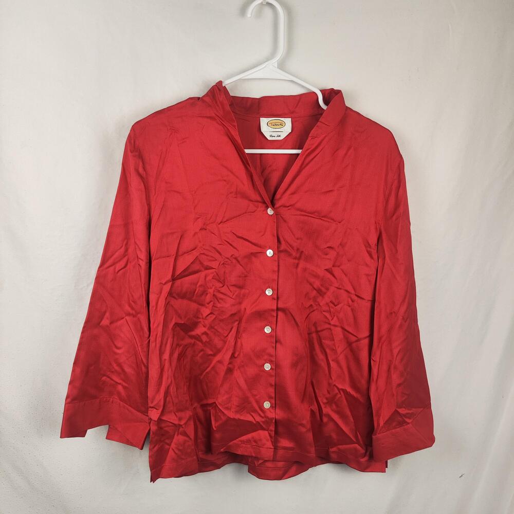 Talbots Blouse Womens Medium Red Silk Mandarin Collar Button Front Long Sleeve